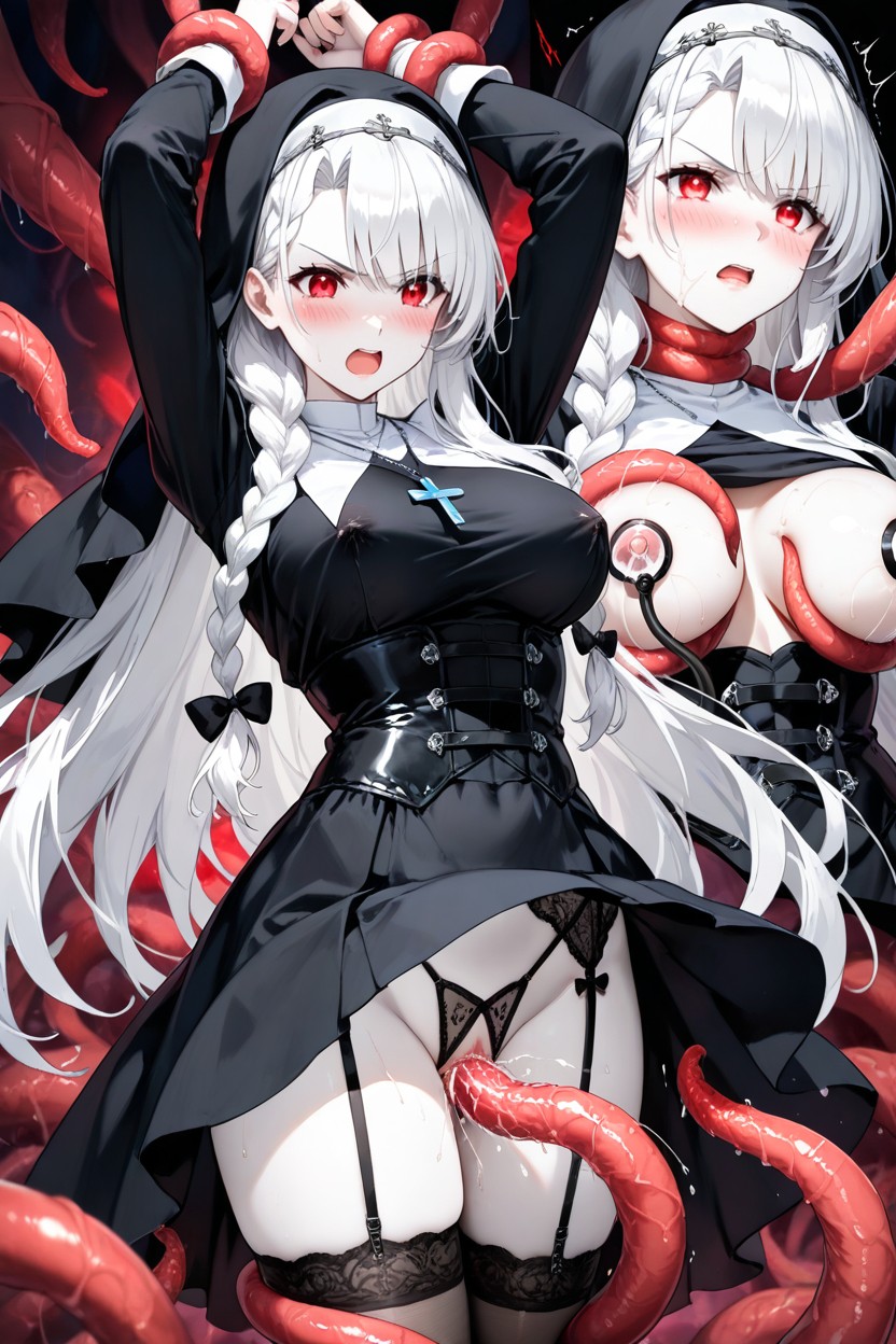 Milking Machine, Distinct White Braided Side Bangs, Translucent Black Hood Hentai AI Porn