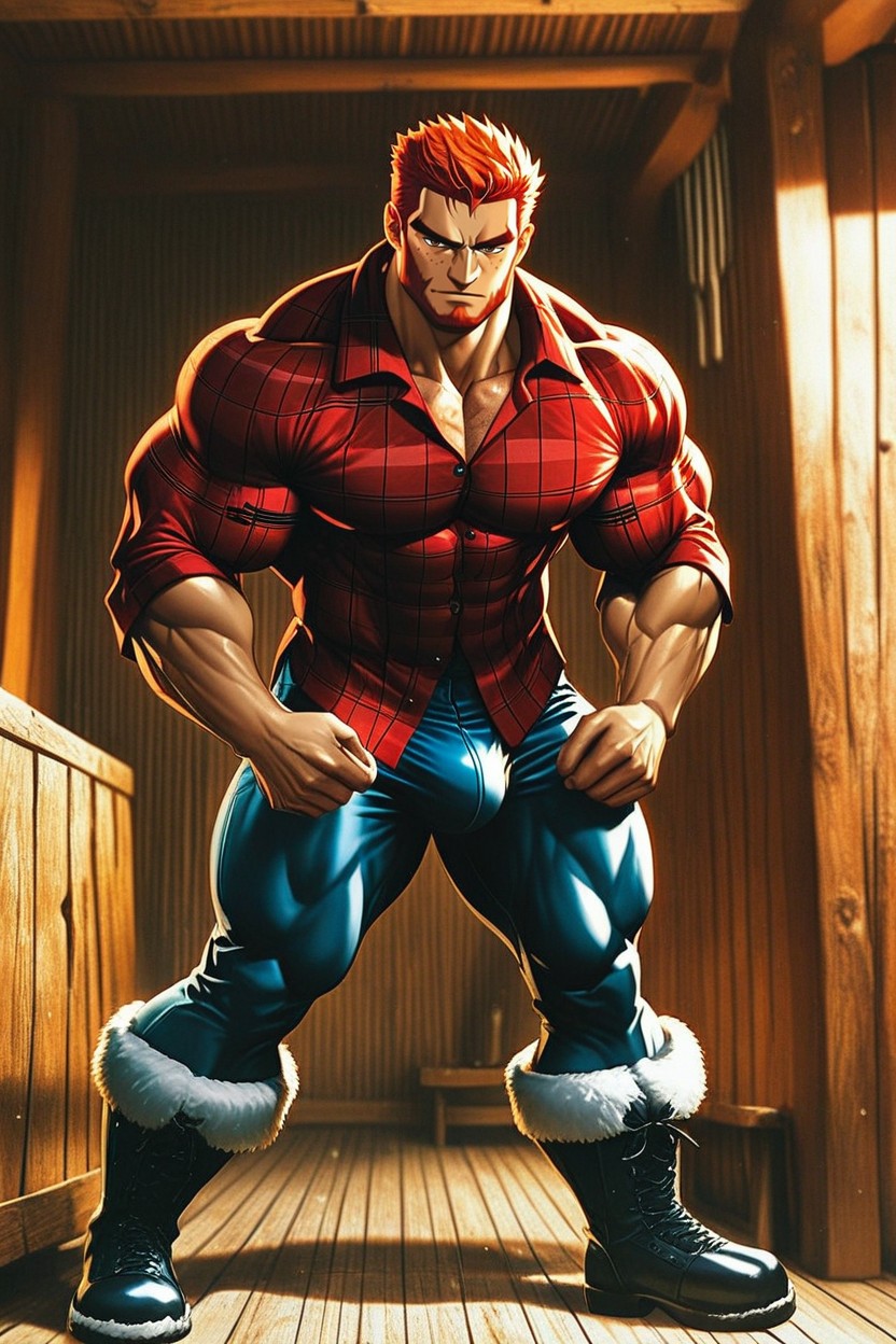 Anime, Mature Muscular Man, Red Flannel Plaid Shirt AI Gay Porn