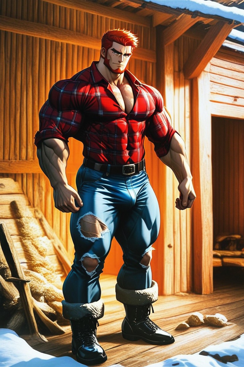 Muscular And Curvy Father, Red Flannel Plaid Shirt, 18+ AI Gay Porn