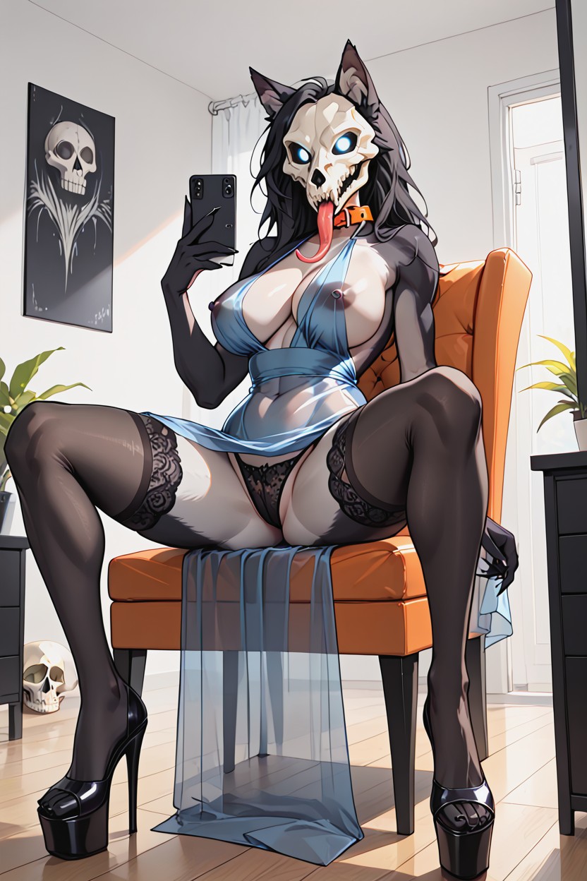 Black Heals, Long Black Hair, Black Lace Penties Furry AI Porn