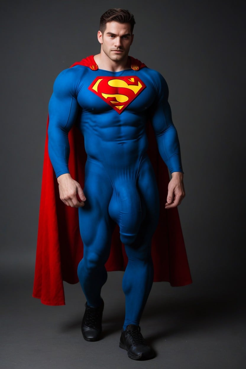 Red Cape, Tasteful Photo, Shiny Spandex Leggings Covering His Massive Giant Bulge Outline In Superman Costume AI Gay Porn