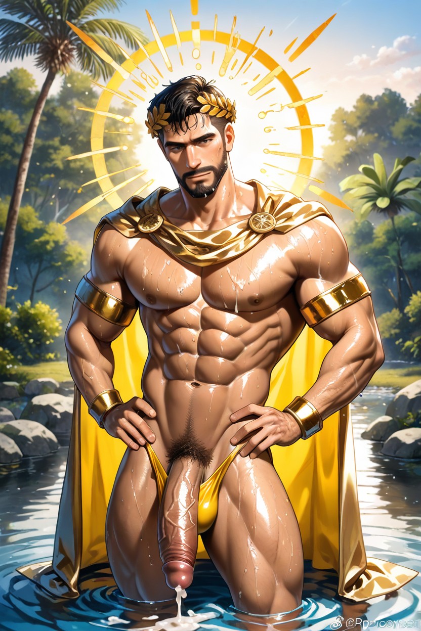 Sculpted Abs, Sweating, Yellow Bikini Pulled AI Gay Porn