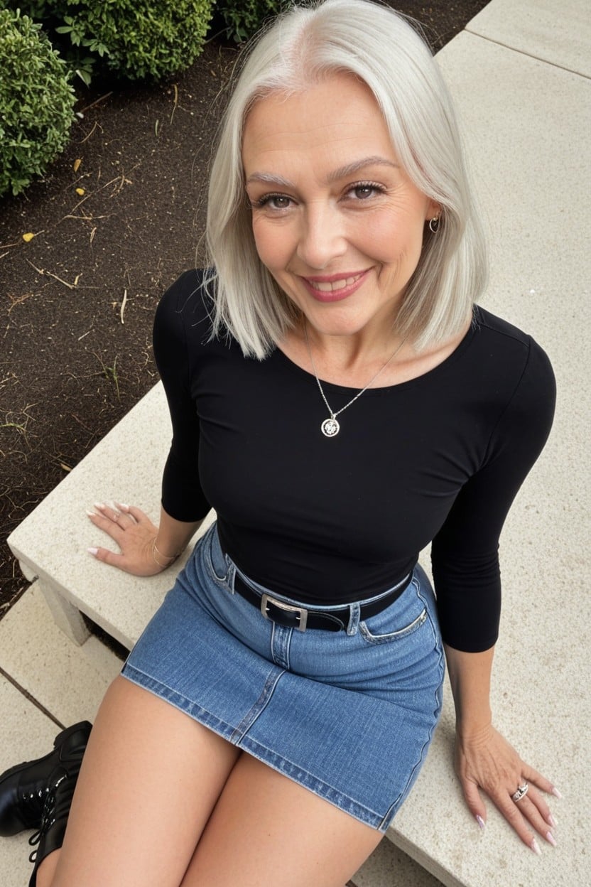 Smiling, Necklace, Denim Skirt With A Black Belt AI Porn