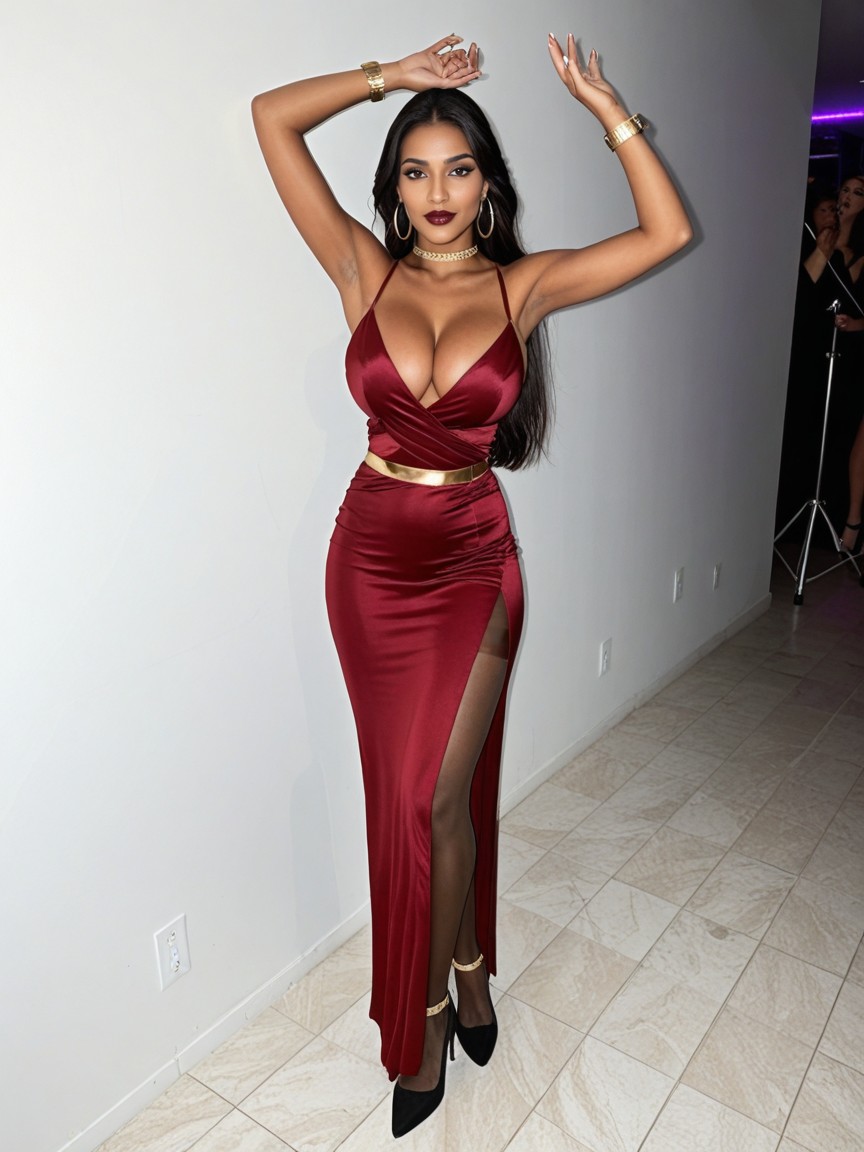 Straight Hair, Thick Thighs, Black High Heels With Gold Strap Porno indio IA