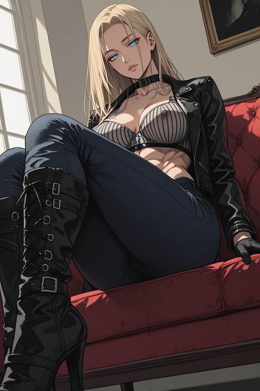 Extremely Long Legs, Black Leather Biker Jacket With White Fur Collar, Abs Hentai AI Porn