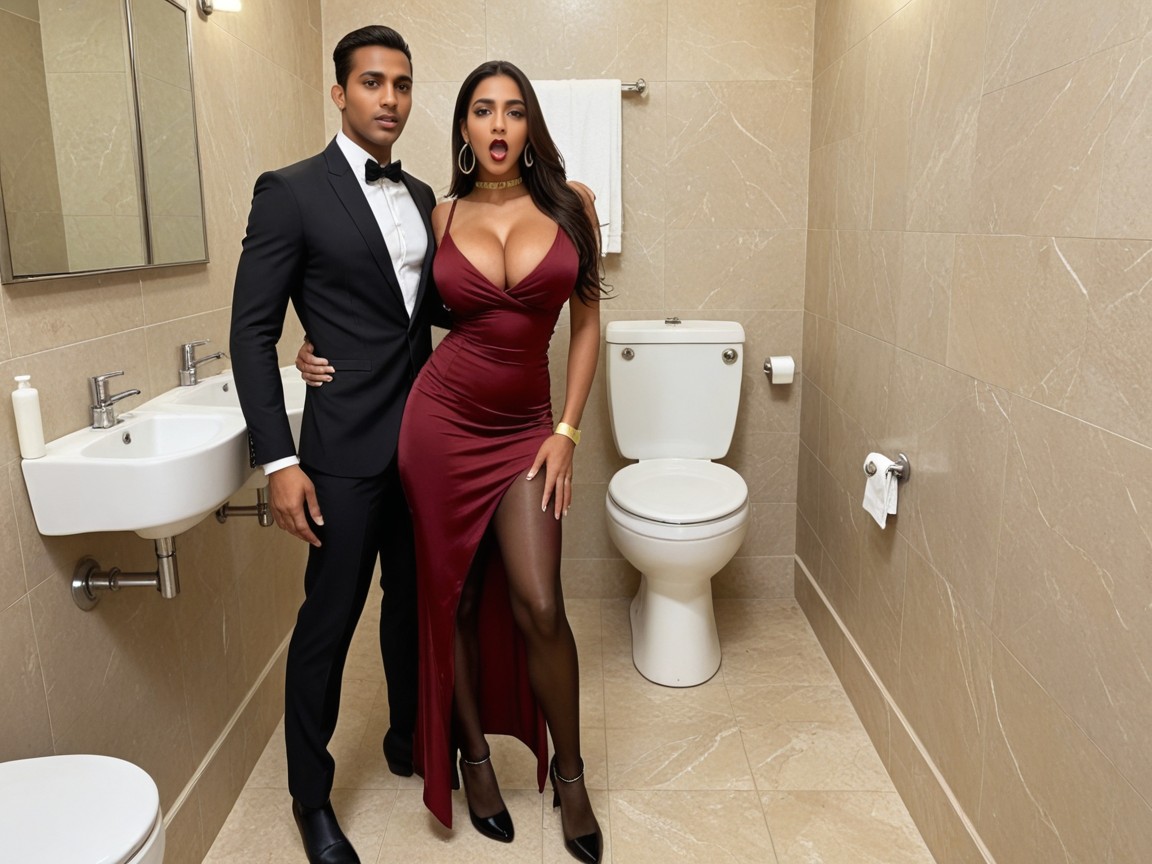 Hourglass Figure, Black High Heels With Gold Strap, Straight Hair Indian AI Porn