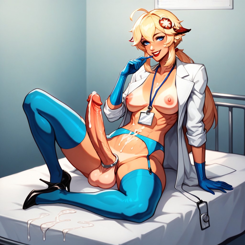 Lightblue Latex Gloves, Nylon Stockings, Sucked In Stomach Shemale AI Porn