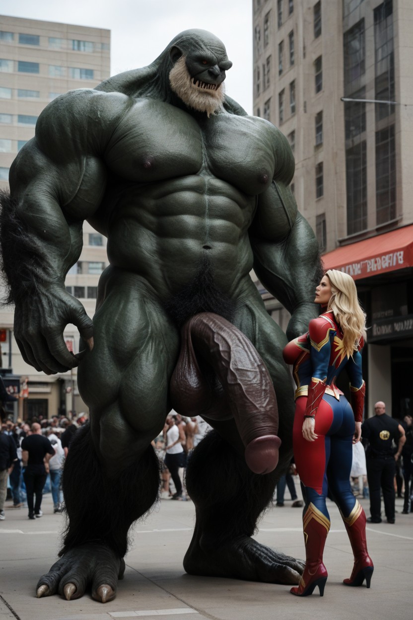 Side View, Macro Giant Hairy Yeti Monster Is Taller Than Two Stories Of A Butaller, Hyper-giant Black Cock Thicker Than A Monster's Arm AI Porn
