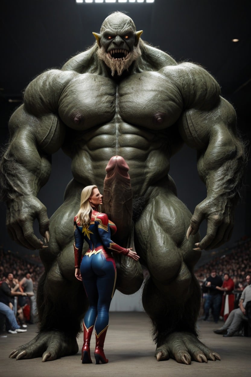 Side View, Monster Lifts Up Huge Upward Curved Erect Penis, Massive Breast AI Porn