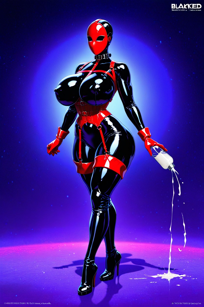 Black Latex Collar, Extremely Tight Waist, Massive Breast AI Porn