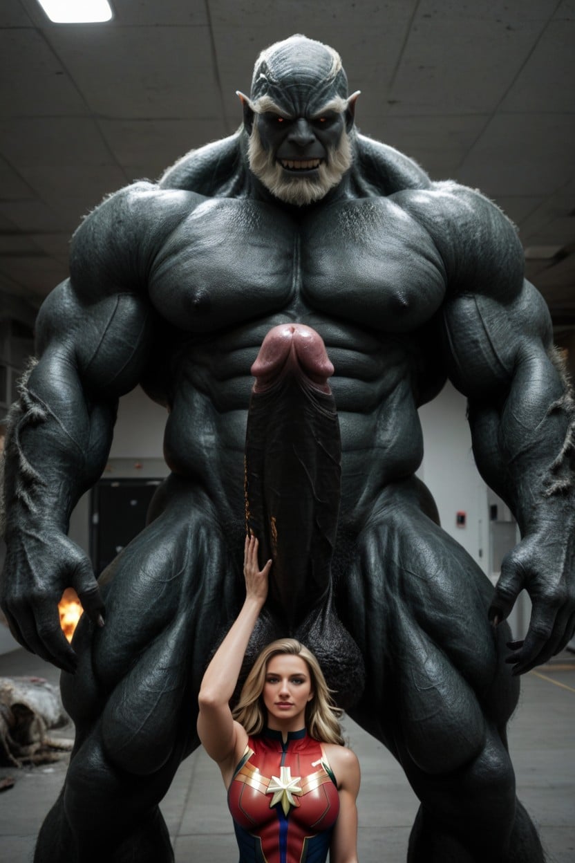 Super Giant Super Inflated Penis, Captain Marvel Half Height Of Monster, Overflowing Semen AI Porn