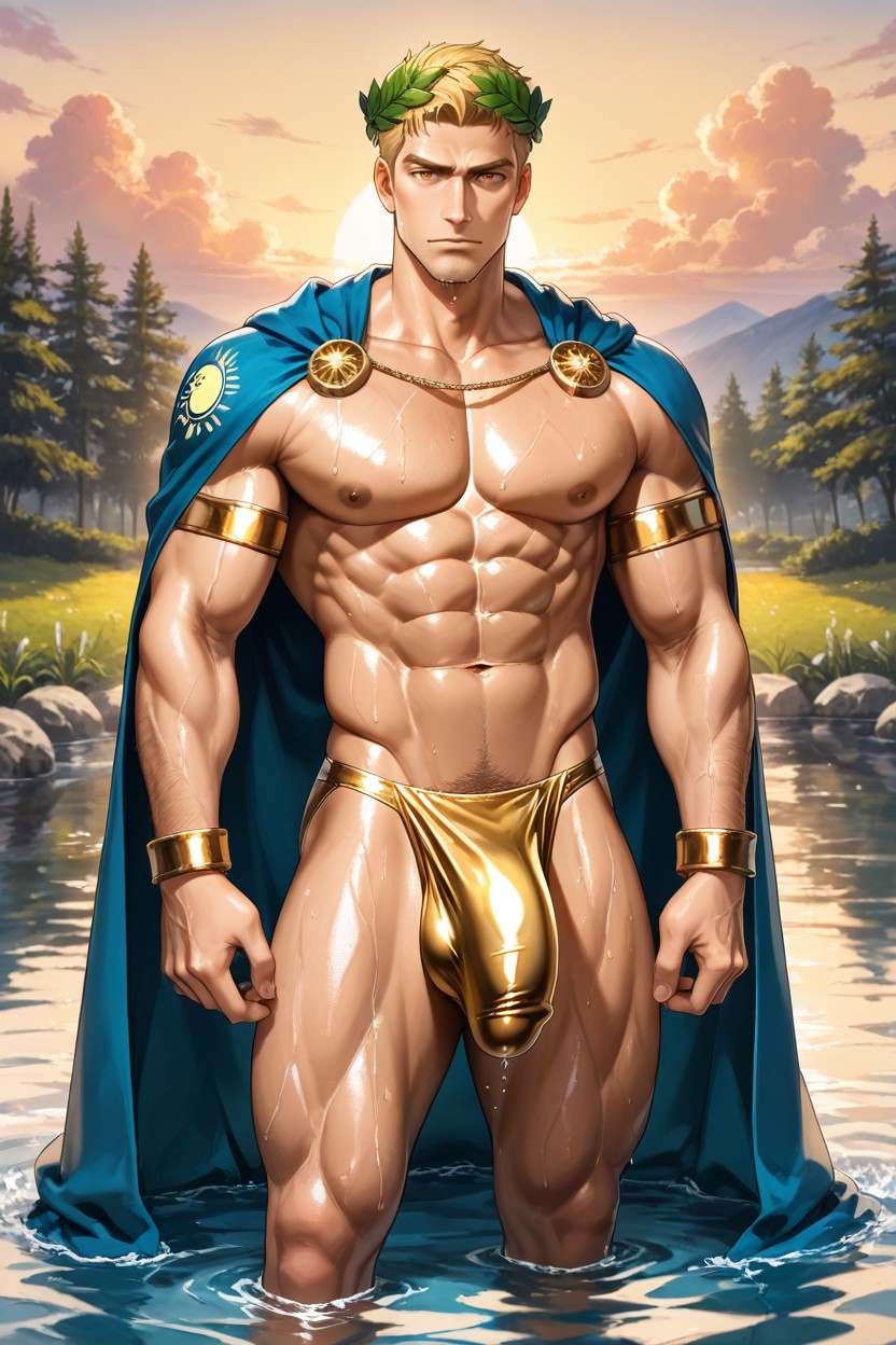 Sculpted Abs, Standing, Amber Eyes AI Gay Porn