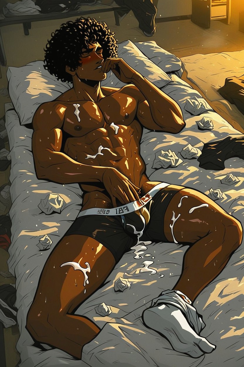 Surrounded By Lots Of Used Underwear, Ultra Deep Dark Skin Tone, Messy Underwear AI Gay Porn