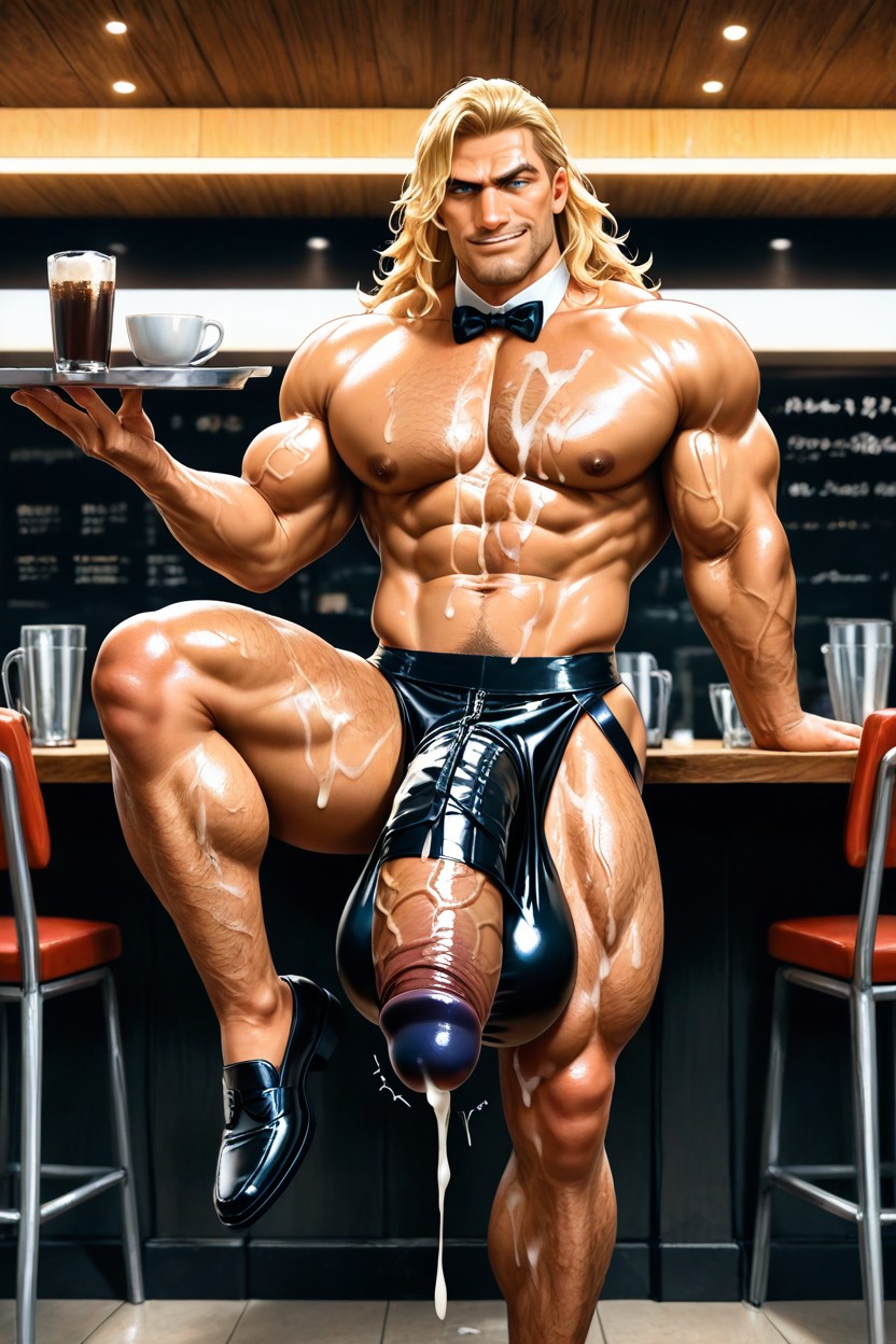 Penis Growth, Holding A Tray With Cups Of Coffee Filled With Cum, Hairy Abs AI Gay Porn