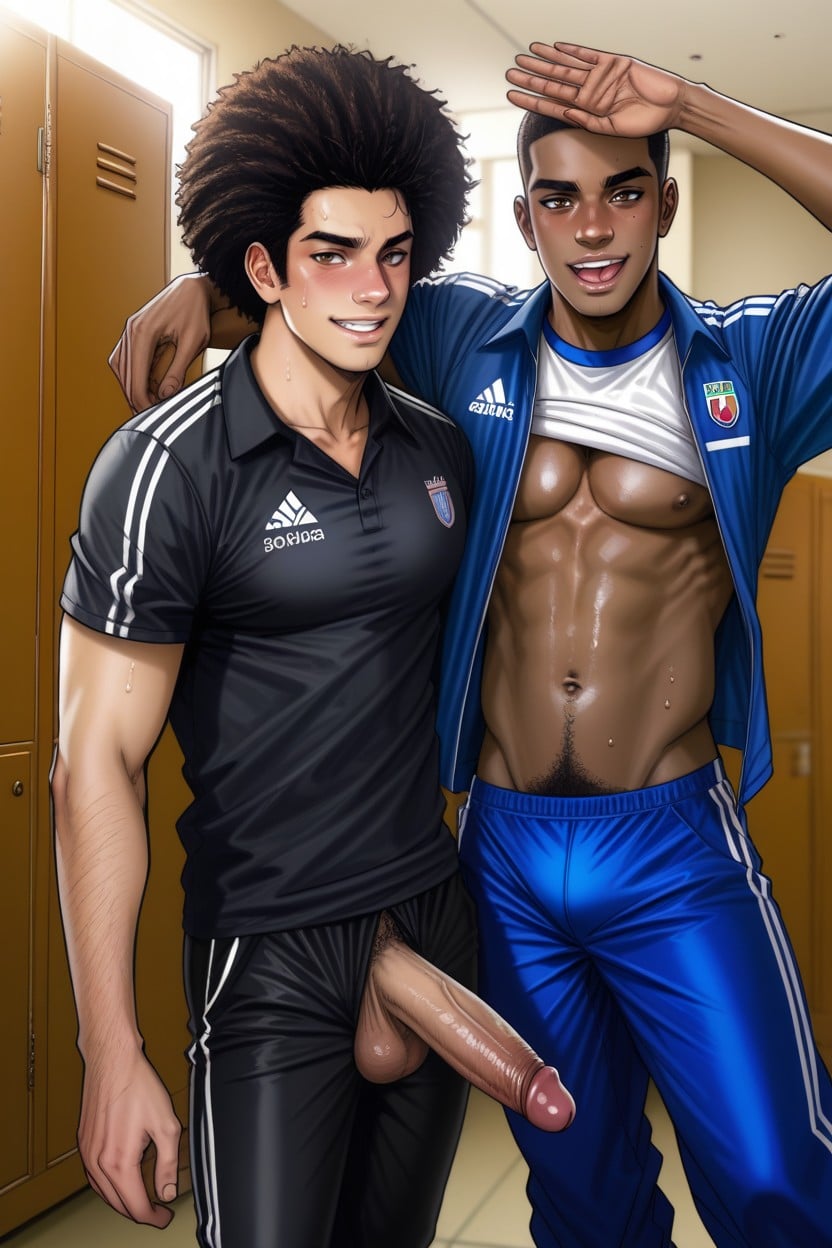 Bromance, Top Has Deep Dark Brown Skin And Bottom Has Tan Brown Complexion, 2 People AI Gay Porn