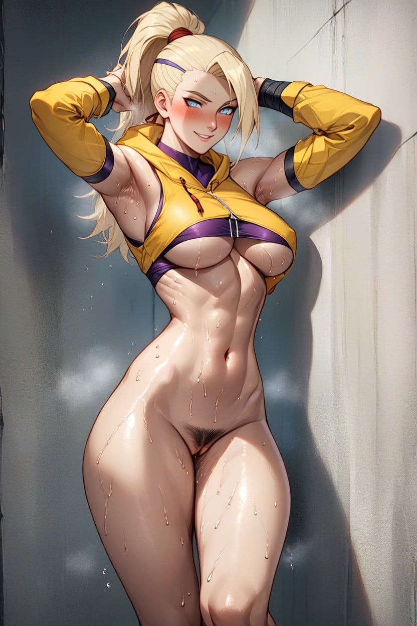 Visible Hips, Blonde Hair Tied In A Long High Ponytail Secured At The Back, Wearing Fancy Torn Skirt Hentai AI Porn
