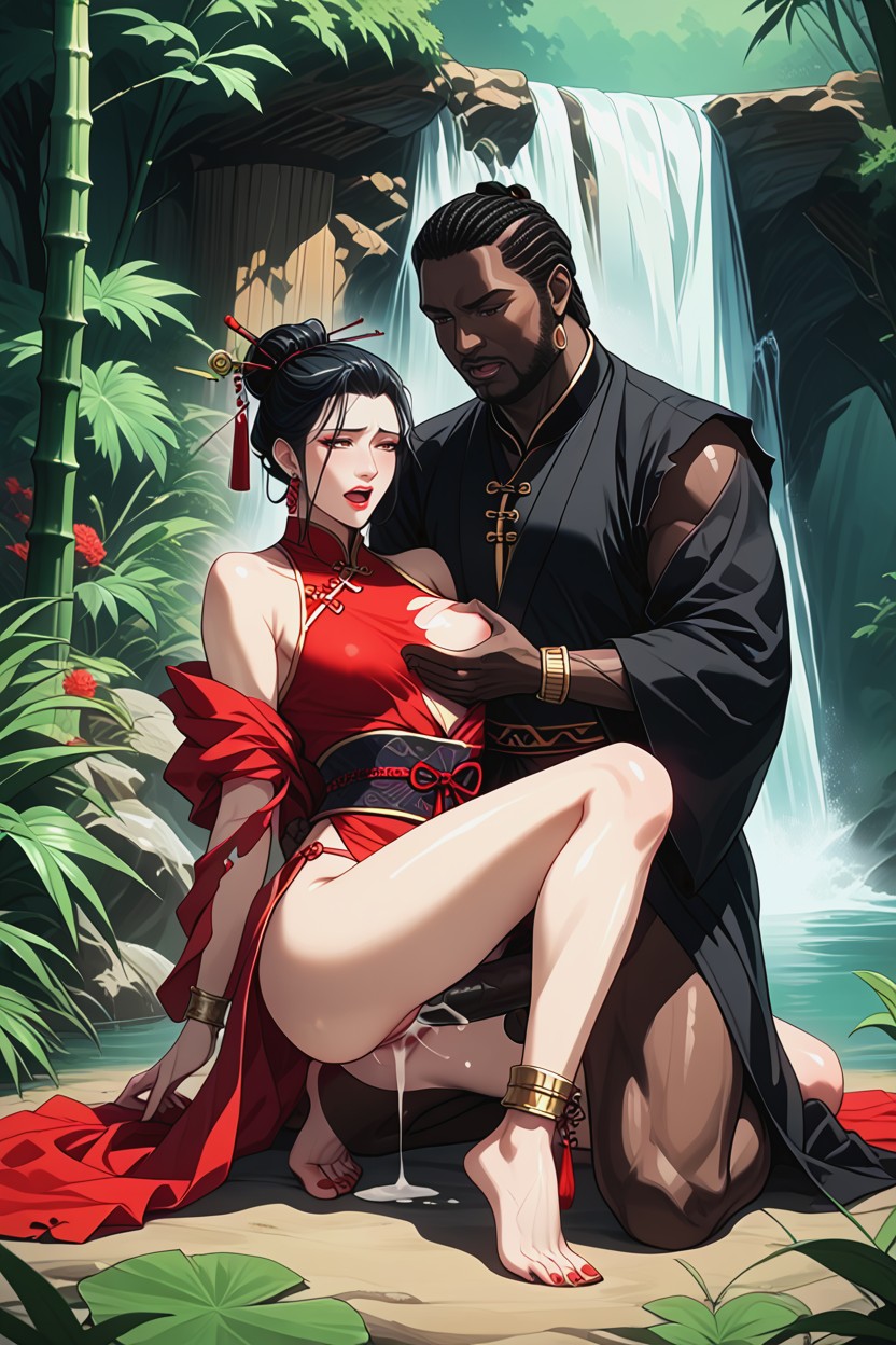 Waterfall, Red Painted Toenails, Tall Hentai AI Porn