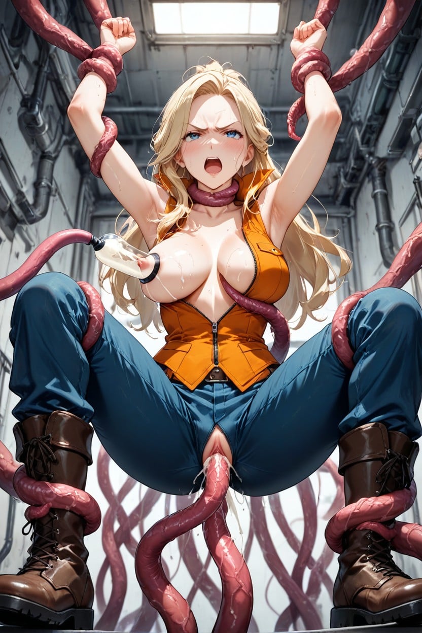Tentacles Around Body, Tentacles Grabbing Waist, Light Blonde Hair Hentai AI Porn