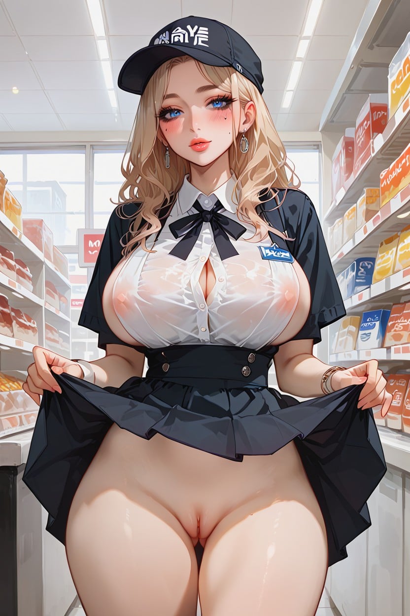 Large Expressive Eyes, Convenience Store, Lifting Skirt Hentai AI Porn