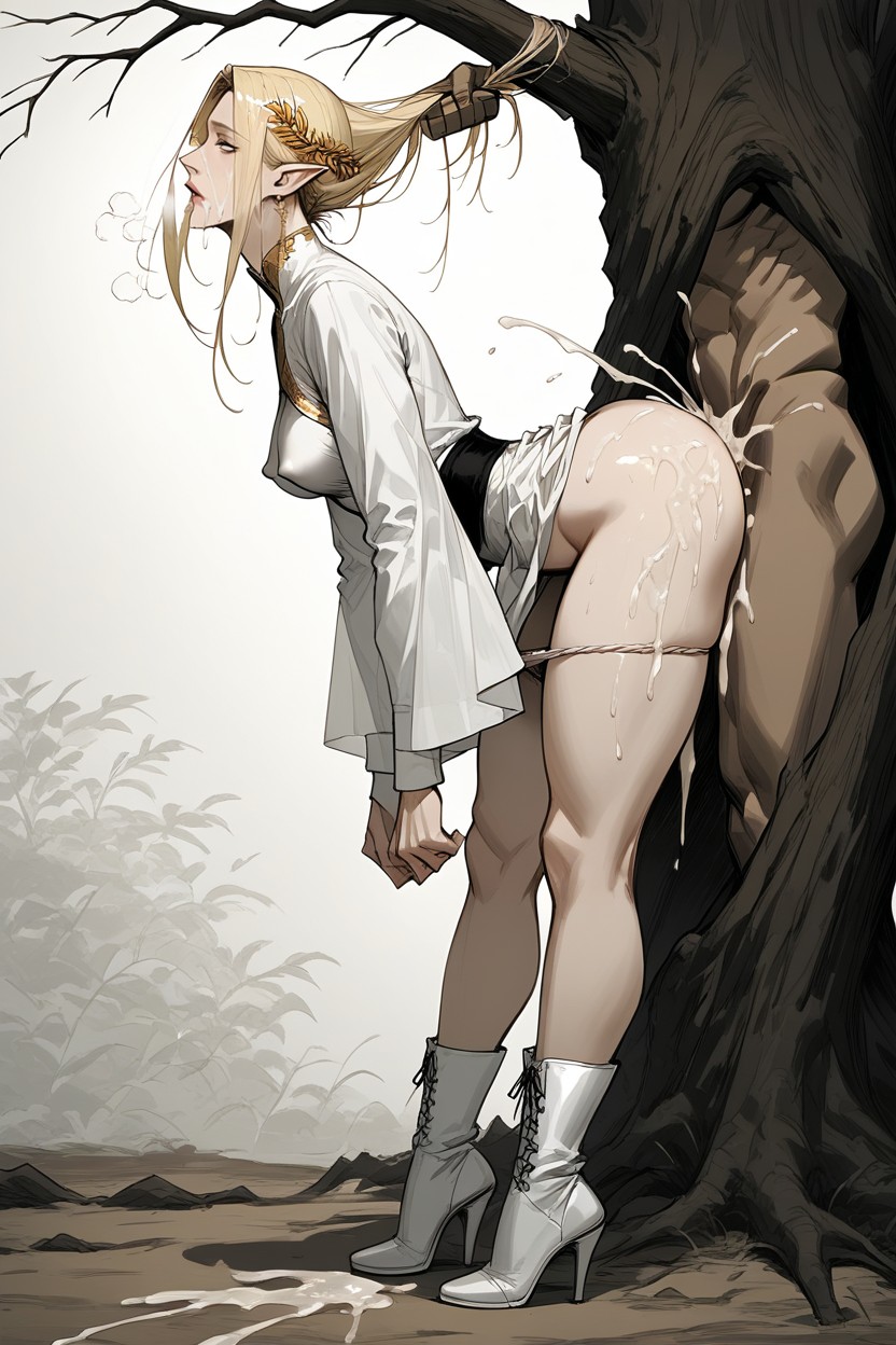 Bent Over To The Tree, Small Breasts, Cum On Ass Hentai AI Porn