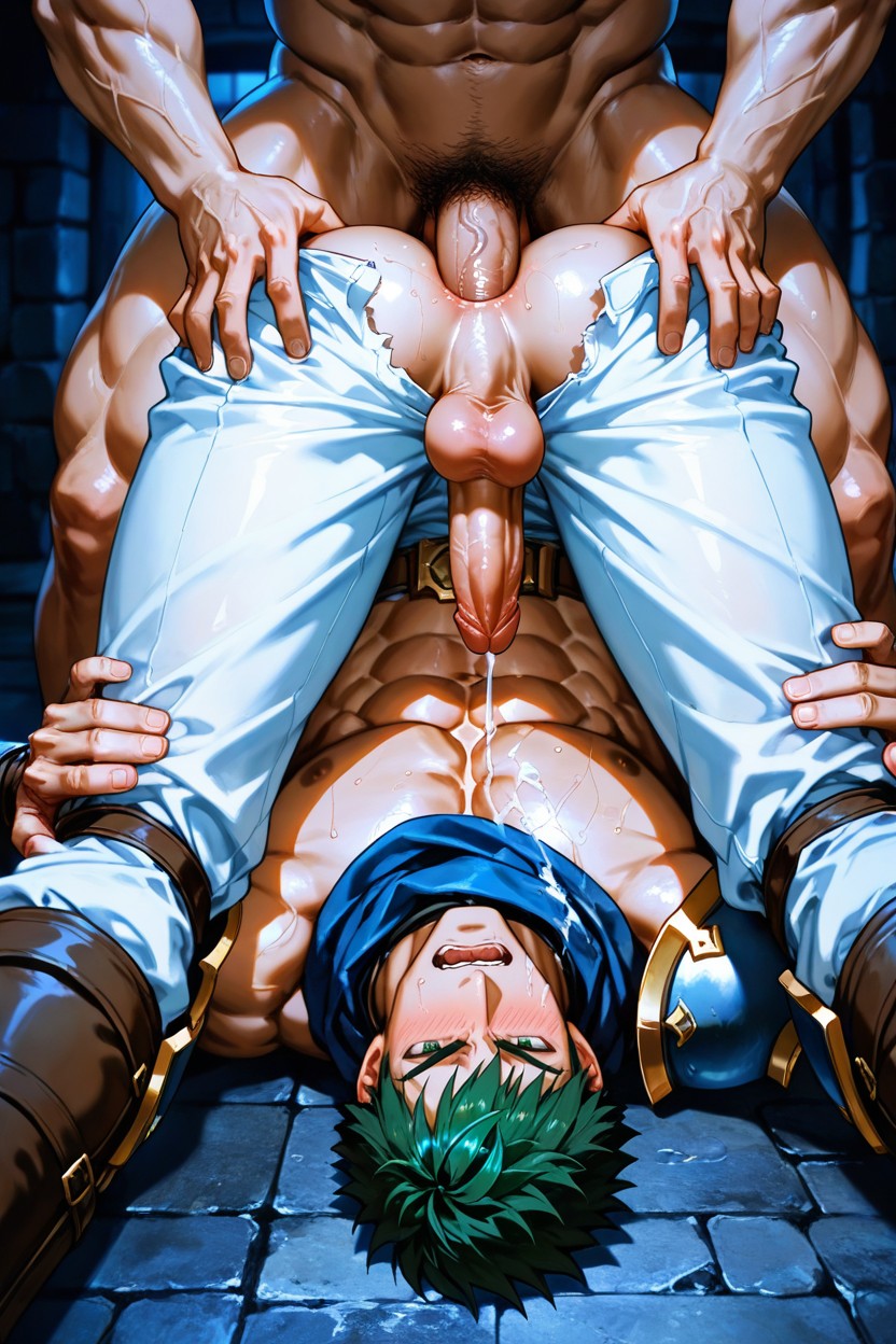 Bottom's Body Is Buffed And Muscular, Bottom Is Nude, Bottom's Flaccid Penis Grabbed By Top's Hand AI Gay Porn