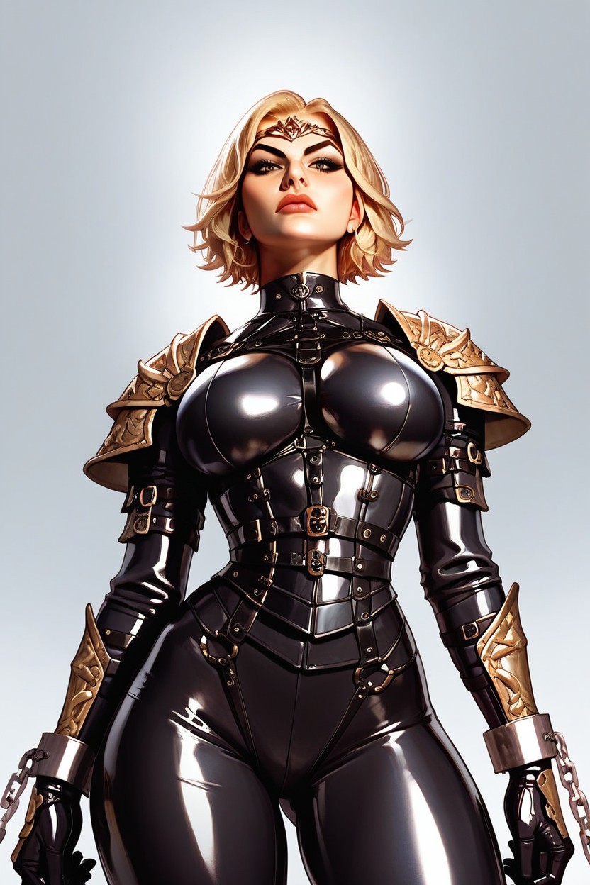 Holding Sword, Blond Hair, Glossy Latex Catsuit Under Armour AI Porn