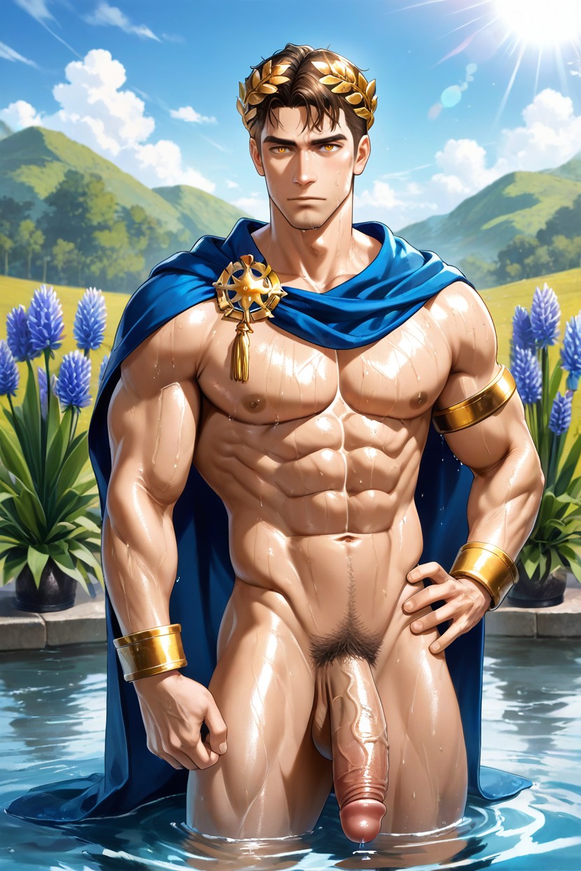 Athletic Body Figure, Water Hyacinths, Soaking Wet AI Gay Porn