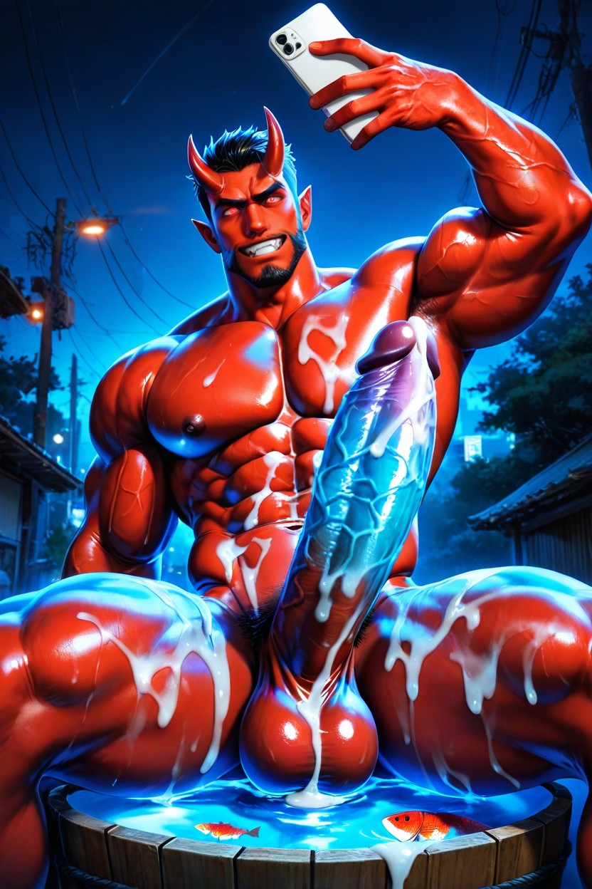 Straight On View, Demonic Horns, Red Skin Color AI Gay Porn