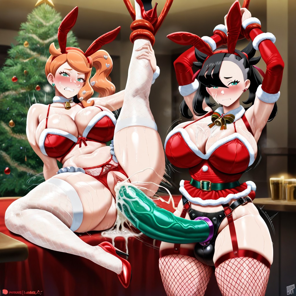 Green And Red Christmas High Heel Stilettos Standing Splits, Wearing Strap-on Harness With A Extra Long Gigantic Dildo Attached, Duo Hentai AI Porn