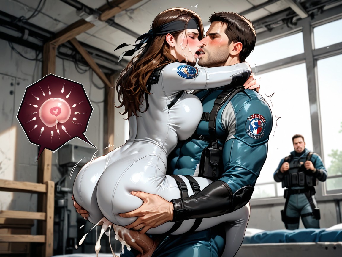 Light Grey Skintight Stealth Suit, Military Straps, Messy Hair AI Porn
