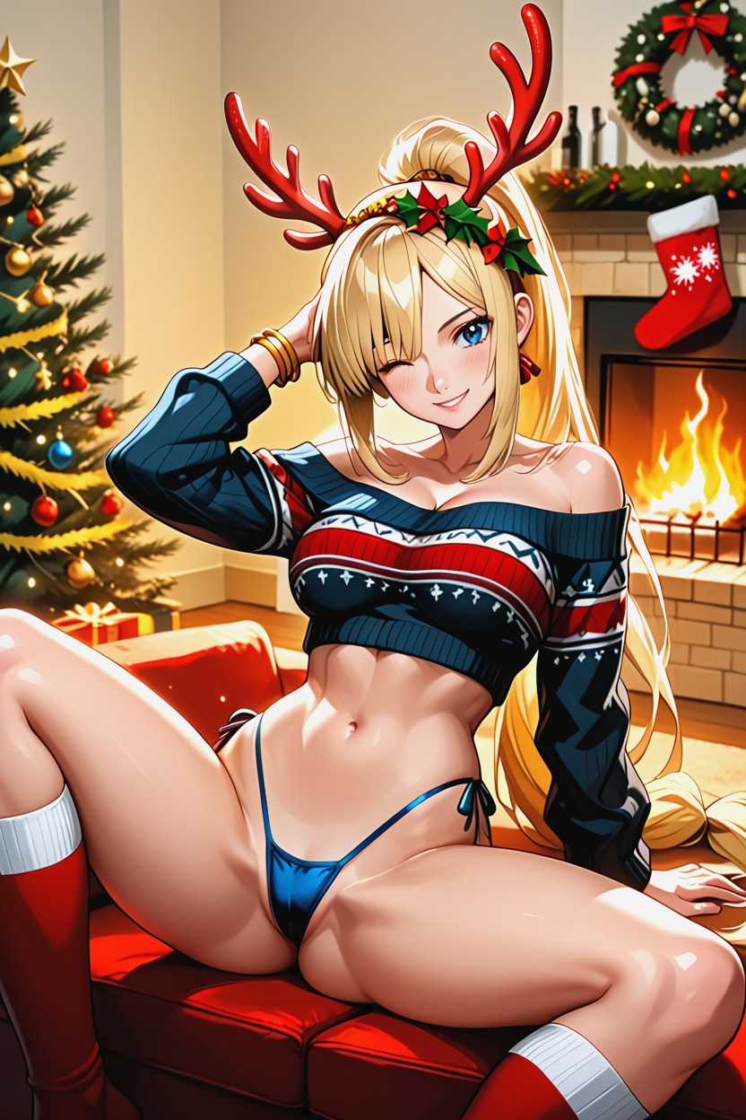 Medium Breast, Brown Eyes, Cropped Christmas Sweater Hentai AI Porn