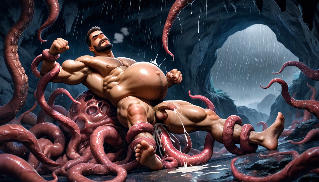 Raining, Massive Bodybuilder, Beard Man AI Gay Porn