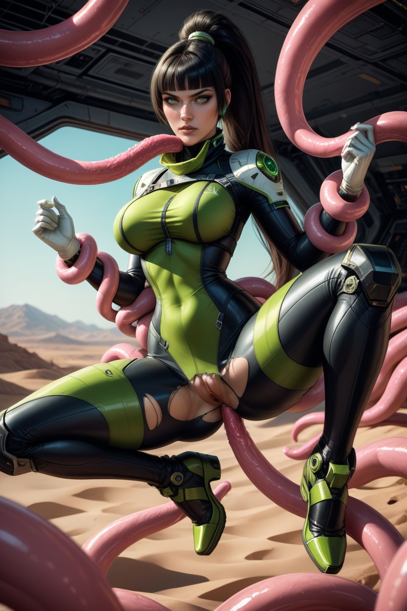 Lots Of Pink Tentacle, Long Ponytail, Green And White Futuristic Bodysuit Hentai AI Porn