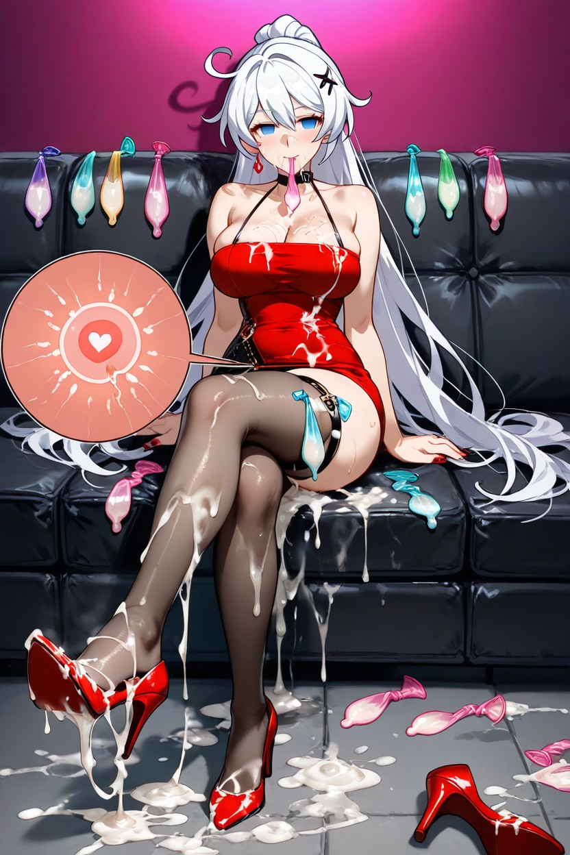Excessive Cum, Foot Inside Semen Soaked High Heels, Bodycon Dress With Sheer Black Tights And Red Heels Hentai AI Porn