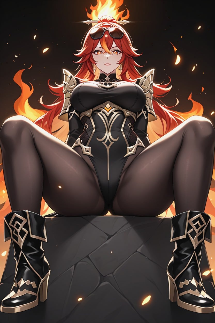 Large Breast, Fire Particles, Wearing Black Leather Bodysuit Hentai AI Porn