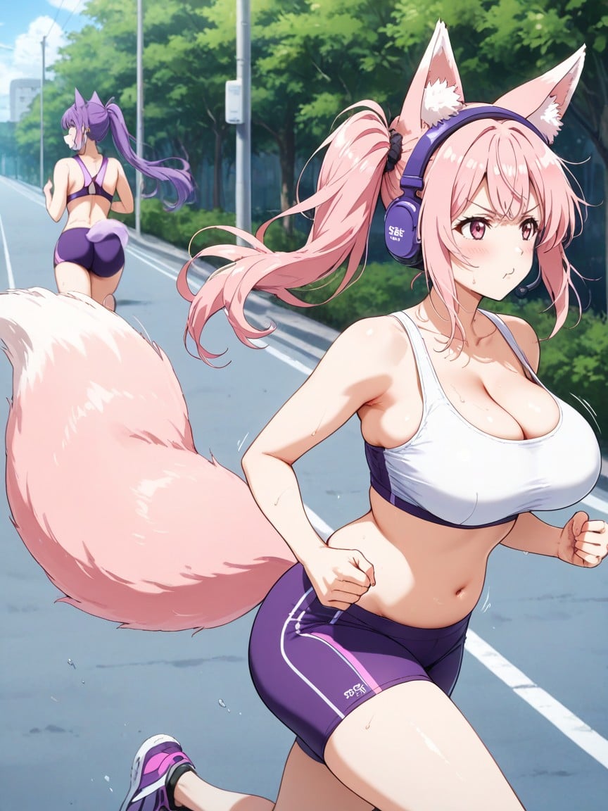 Purple Side Ponytail, Purple Headset, Loose Sport’s Bra Hentai AI Porn