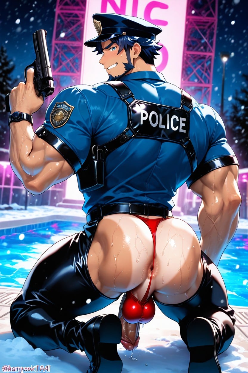 Blue Eyes, Black Arm Bands On Right Arm, Blue Police Shirt Opened Up AI Gay Porn