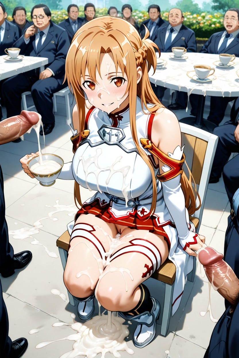 Excessive Cum On Floor, Surrounded By Many Large Men Ejaculating, Breasts And Pussy See Through Hentai IA
