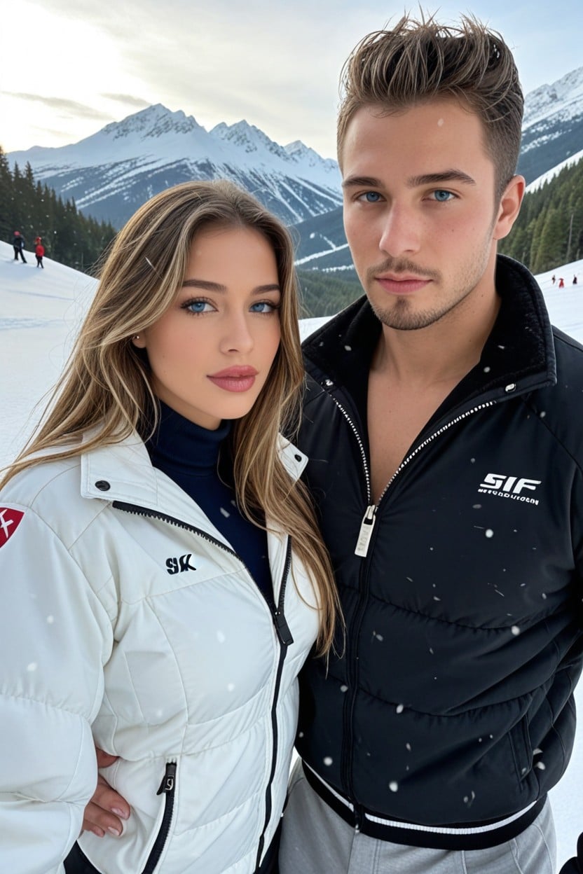 20+, Medium Breast, She Wears A Zipped Up Padded Puffer White Ski Jacket With Zip Front White Padded Ski-pants AI Porn