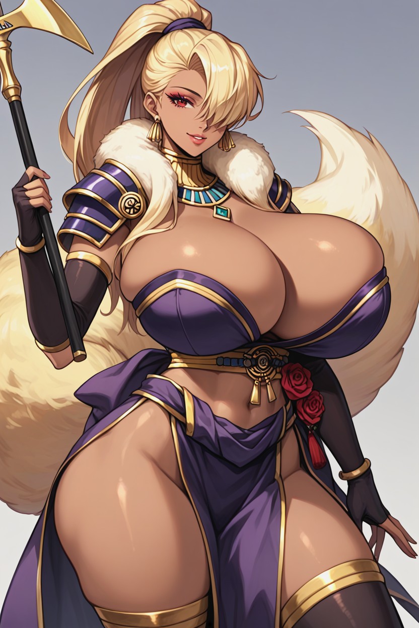 Dark Purple Hip Armor With Gold, Dark Purple Thigh Highs With Gold Fur, Gold Long Fluffy Fur On Neck Hentai AI Porn