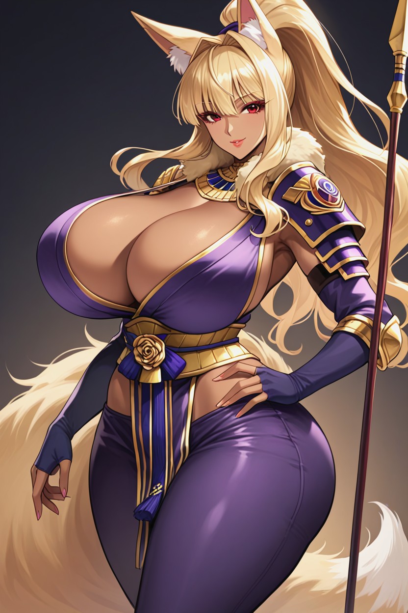 Gigantic Enormous Tits, Red Eyes, Dark Purple Armor Pants Hentai IA