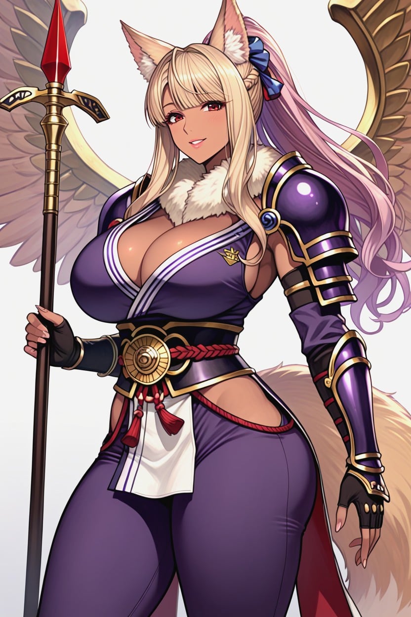 Gold Long Fluffy Fur On Neck, Samurai Costume, Long Hair Hentai AI Porn