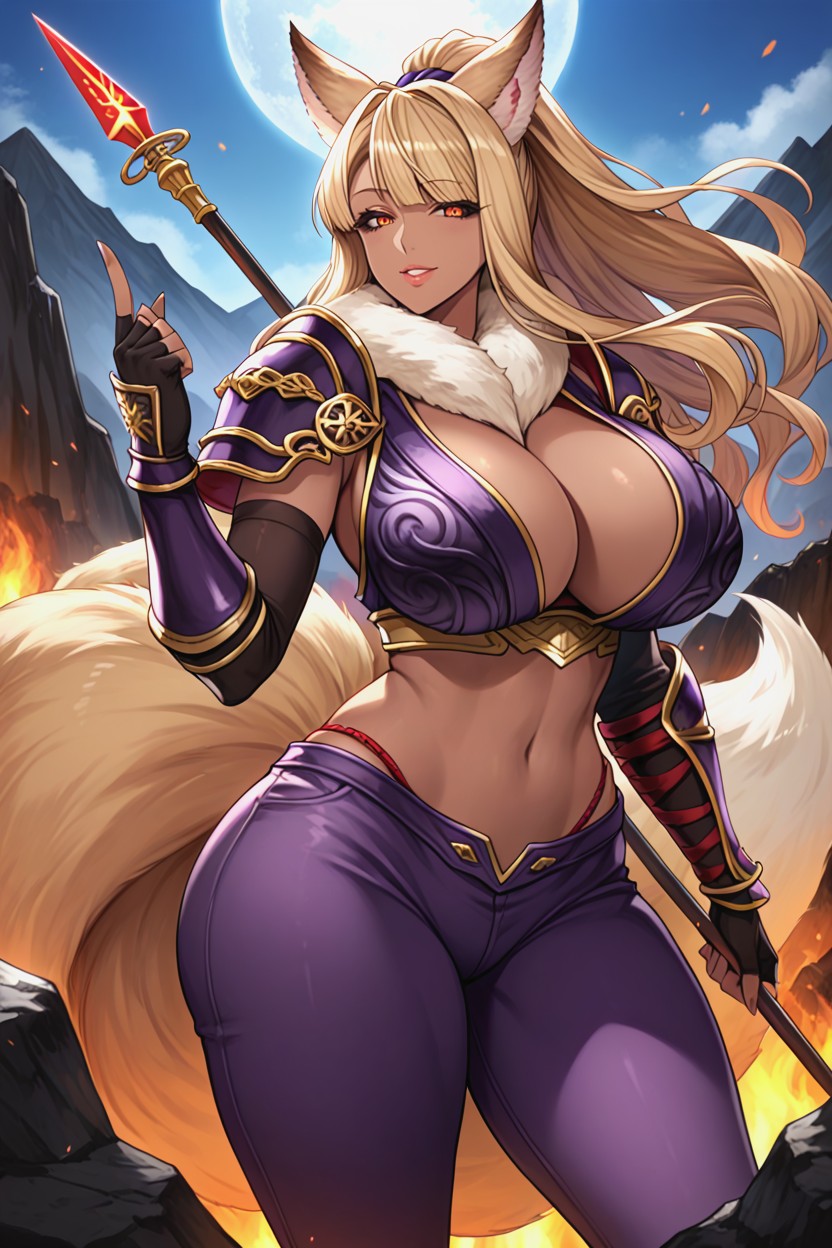 Busty, Gold Fluffy Fox Tail, Volcano Elemental Hentai AI Porn