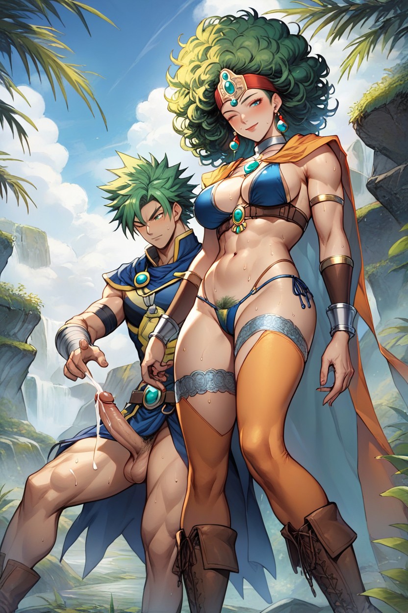 Both Have Emerald Green Hair, The Male Hero Has A Long Permed Bob, The Male Hero Has A Large Penis Hentai AI Porn