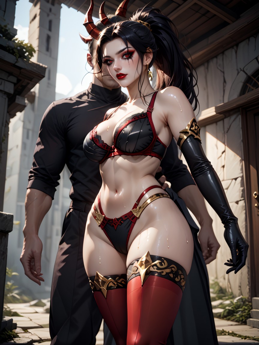 Dark Gray Demon Wings, Metallic Thong, Teasing A Man With Massive Dick Hentai AI Porn