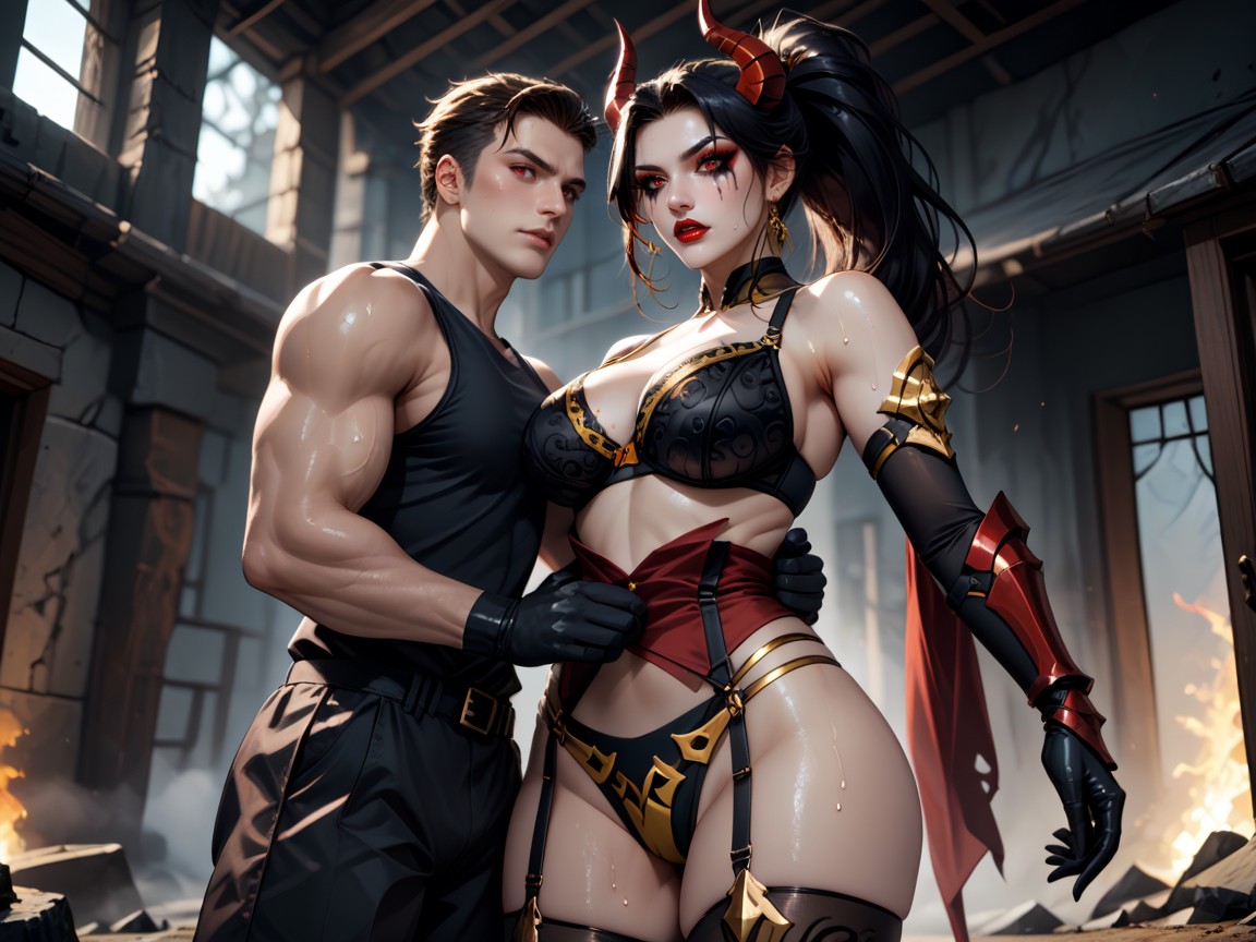 Red And Gold Armored High Heeled Boots Reaching Below The Knee, Red Lipstick, Beatiful Face Hentai AI Porn