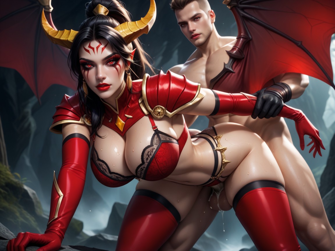 Standing Alluring Lookint At Viewer, Transparent Clothes, Dark Gray Demon Wings Hentai AI Porn