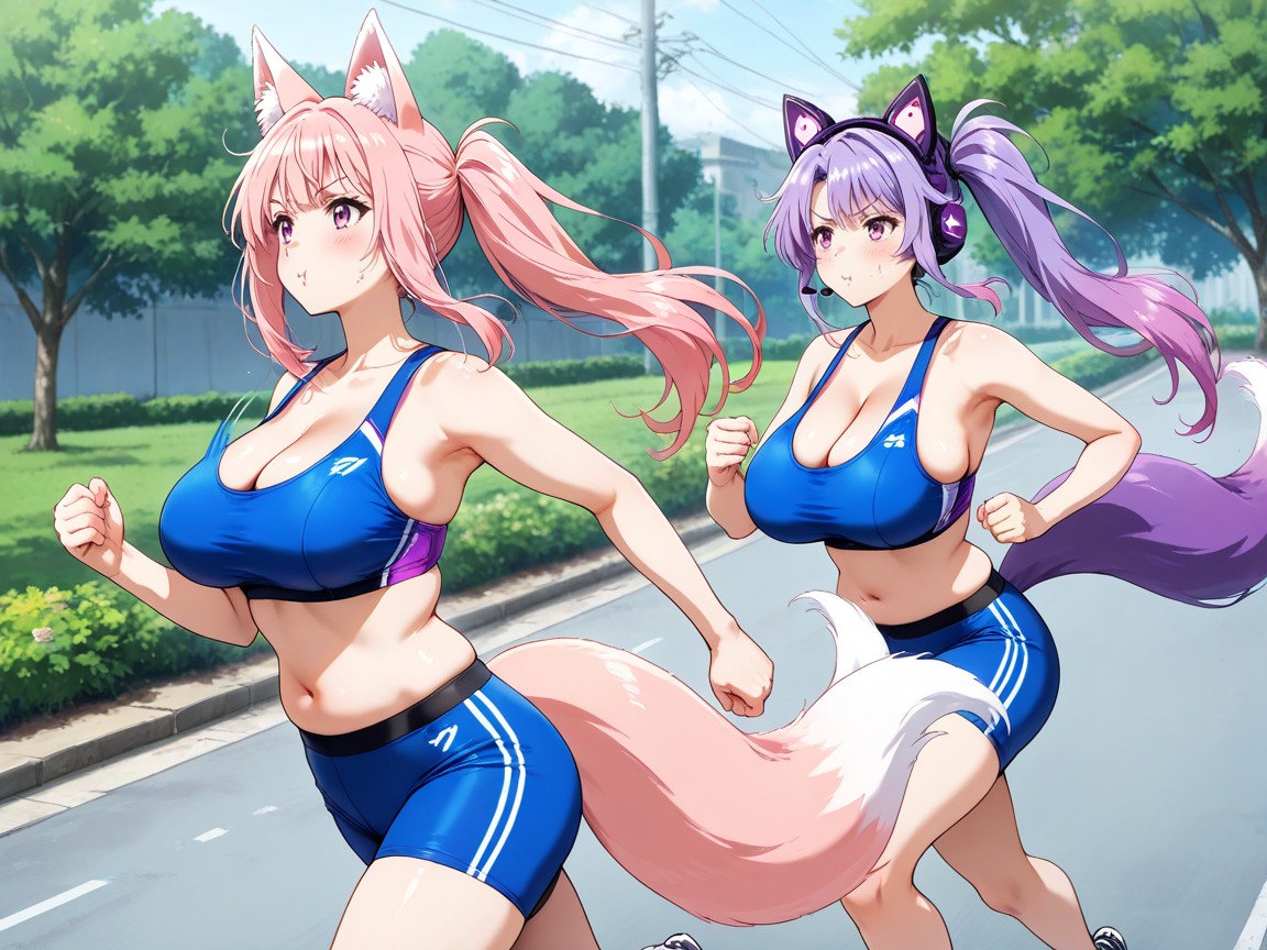 Two Women Jogging, Pink Kitsune With Bigger Breasts, High Resolution Hentai AI Porn