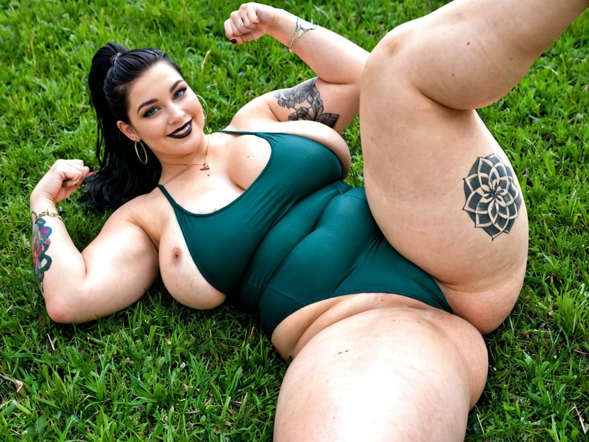 Extremely Large Ass, Legs Together, Green V-waist One-piece Swimsuit AI Porn