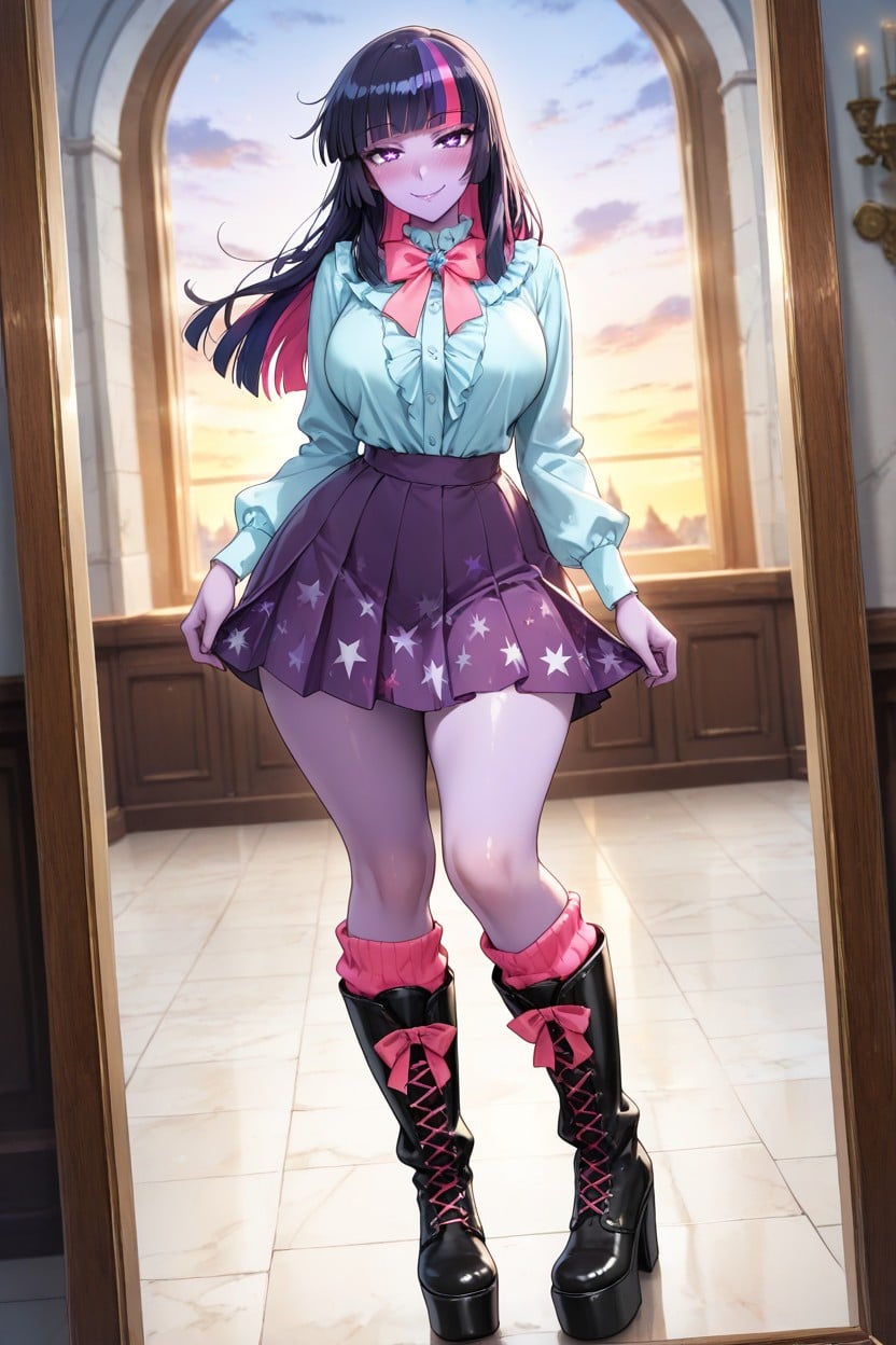 Knee Length Skirt, Large Breast, Platform Boots Hentai AI Porn